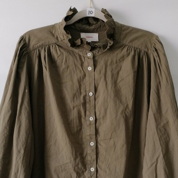 Xirena Womens Moss Green Balloon Sleeve Ruffle Gathere Poplin Blouse Size L - Picture 2 of 8